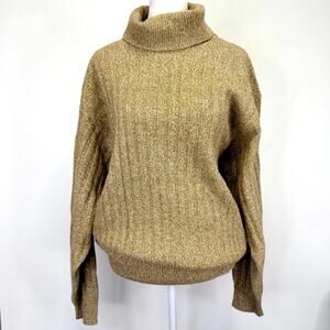 Vintage HUDSON BAY Wool Silk Ribbed Turtleneck Sweater Sz M Heather Beige Green